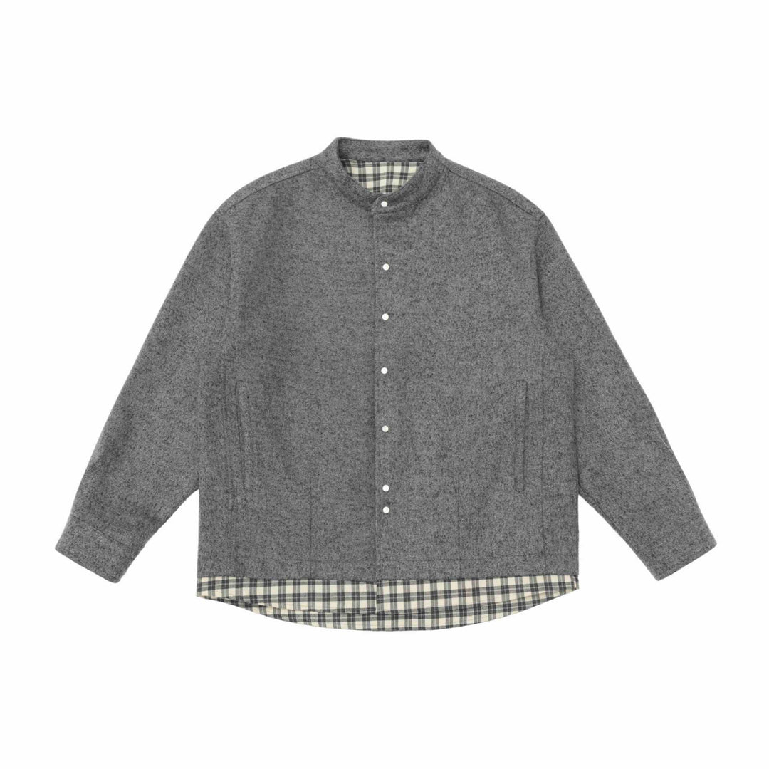 Unisex Short Cut Wool Blend Blouson with Stand-Up Collar and Checked Interior Band Mune Fashion