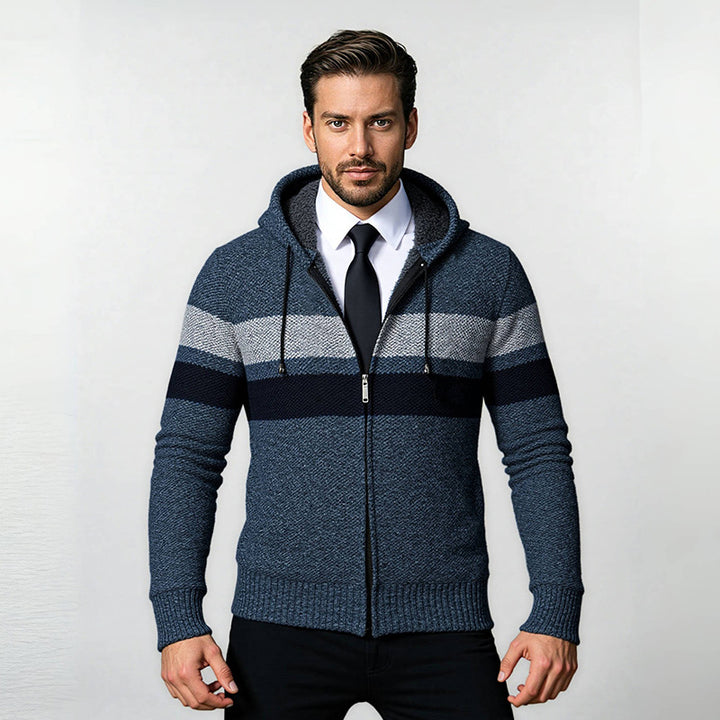Men's Structured Hooded Cardigan with Contrast Stripes and Full Zip Mune Fashion