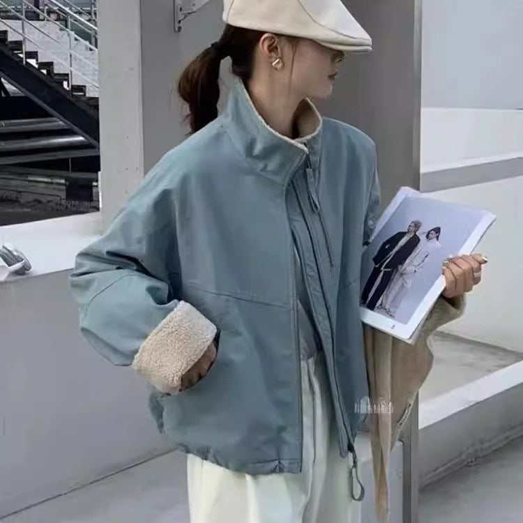 Women's Short Oversized Bomber Jacket with Teddy Lining at Cuffs and Stand Collar Mune Fashion