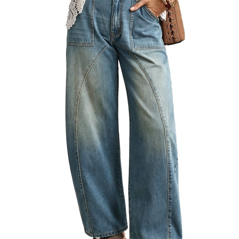 Women Wide High-Cut Jeans with Curved Seam Details and Patch Pockets Mune Fashion