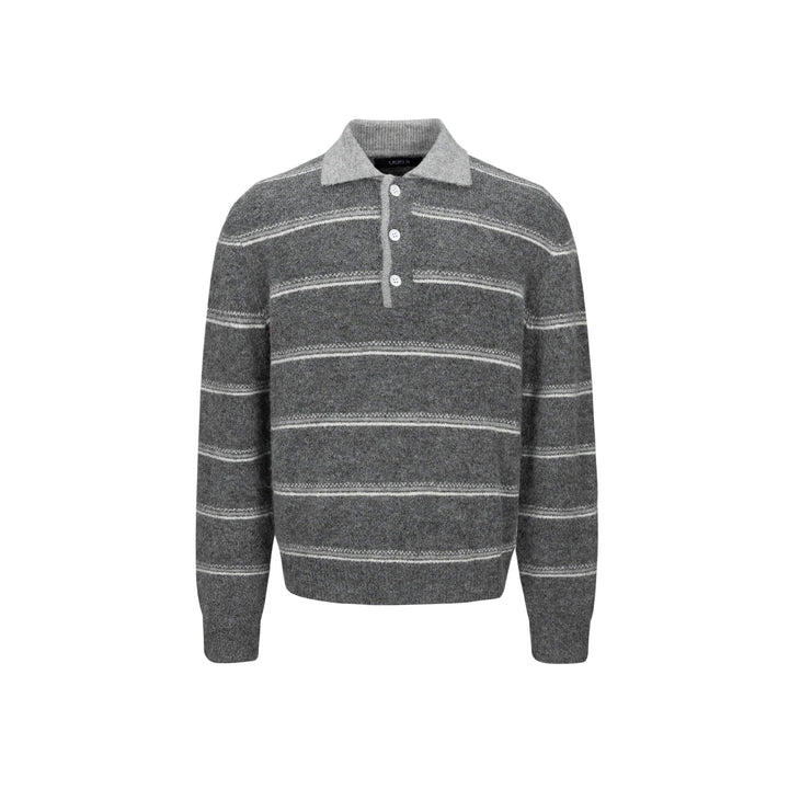Men's Chunky Knit Polo Collar Sweater with Half Button Placket and Striped Structure Mune Fashion