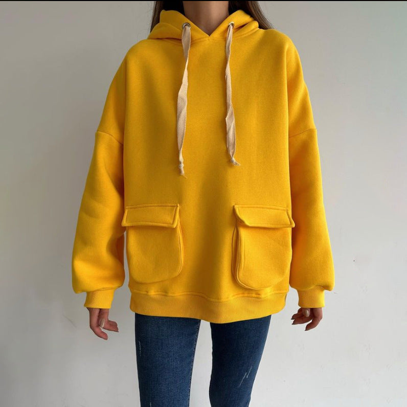 Women's Oversize Hooded Sweater with Patch Pockets and Extra-Long Cords Mune Fashion