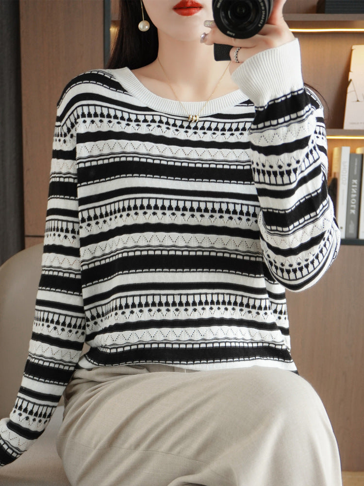 Women Lightweight Round Neck Fine Knit Sweater with Geometric Eyelet Stripe Pattern Mune Fashion