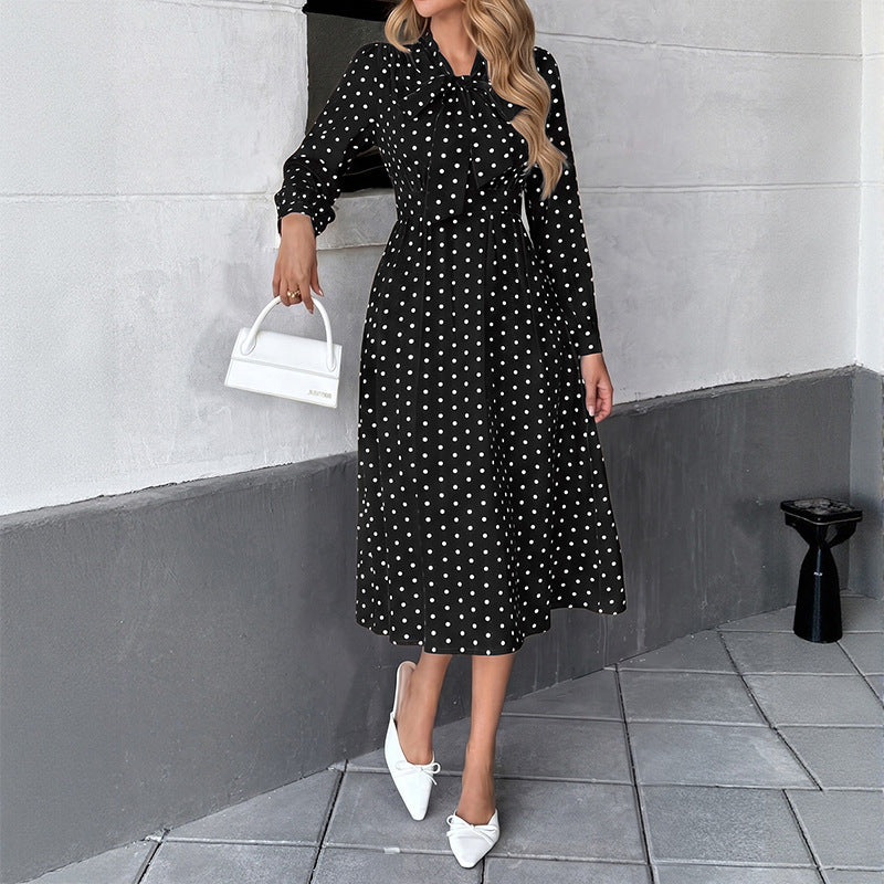 Women Elegant Midi Dress with Bow and Dots Mune Fashion