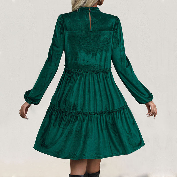 Women's Velvet Dress with Tiered Skirt, Ruffling and Stand-up Collar Mune Fashion