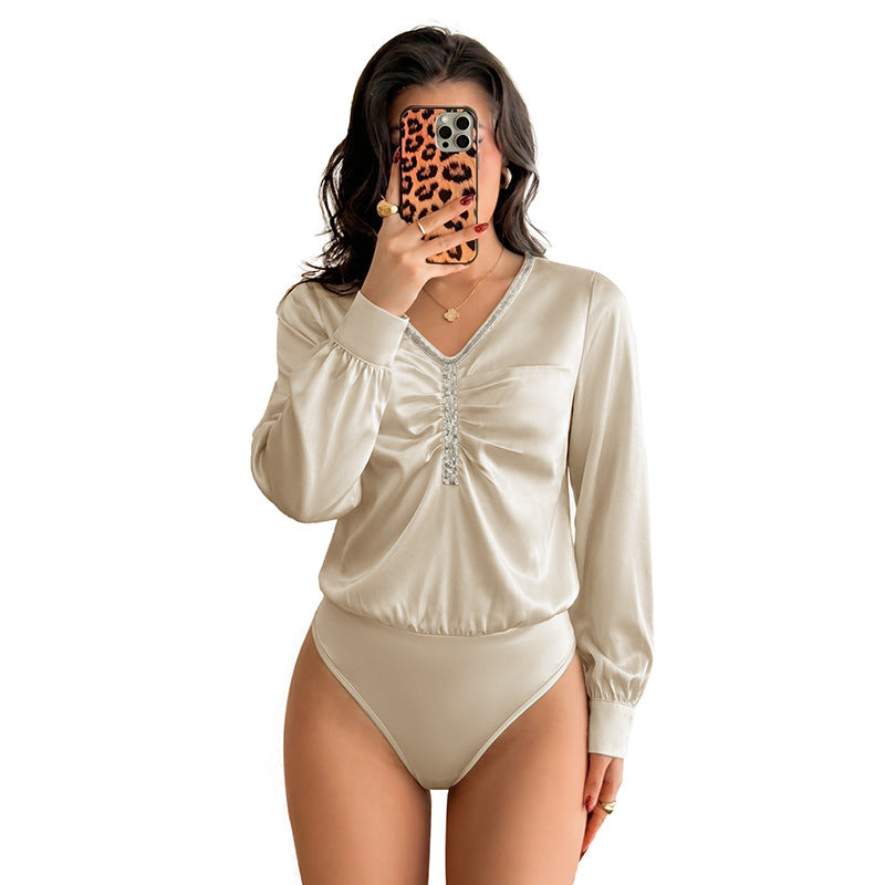 Women's Elegant Blouse Shirt with Ruffle Details and Rhinestone Accents Mune Fashion