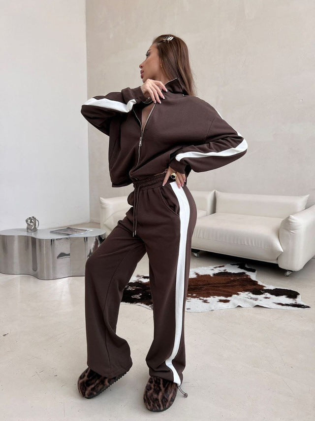 Women's loose zip sweat set with hood, high waistband and side contrast stripe Mune Fashion