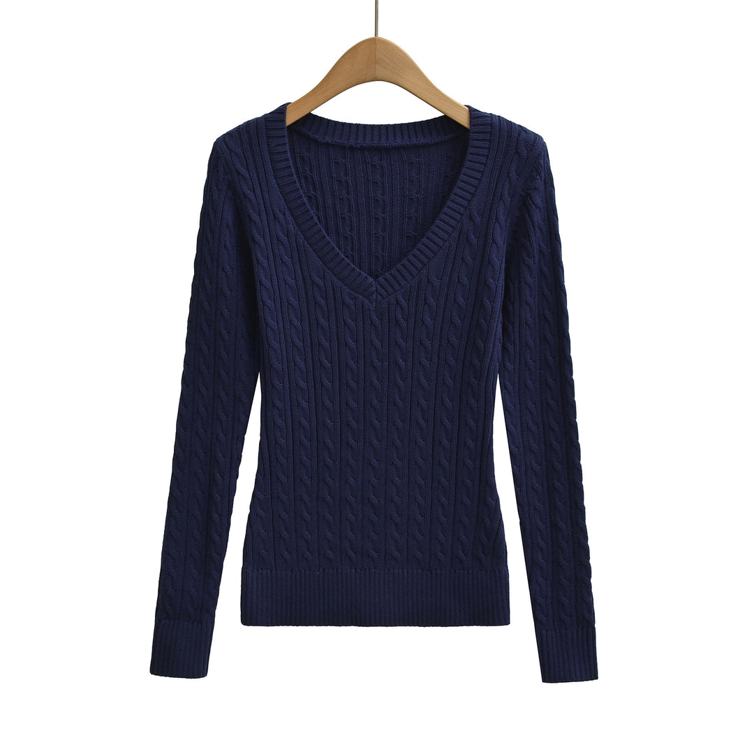 Women's Chunky Knit V-Neck Sweater with Cable Knit Texture Mune Fashion