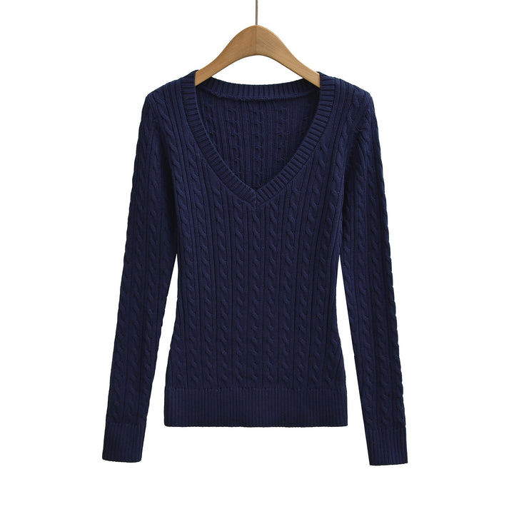 Women's Chunky Knit V-Neck Sweater with Cable Knit Texture Mune Fashion