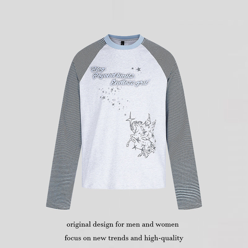 Women's raglan long sleeve shirt in astral motif with fine striped sleeves and relief print Mune Fashion