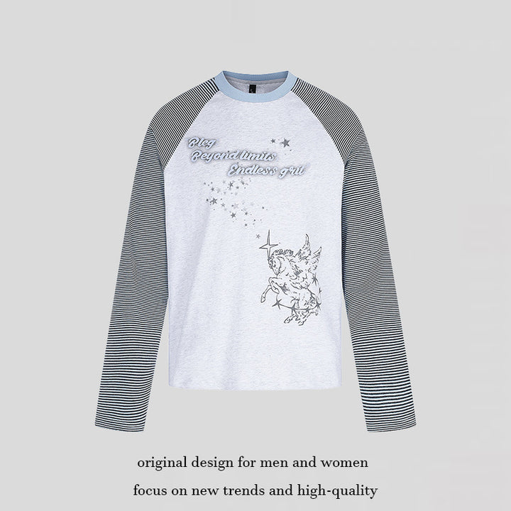 Women's raglan long sleeve shirt in astral motif with fine striped sleeves and relief print Mune Fashion