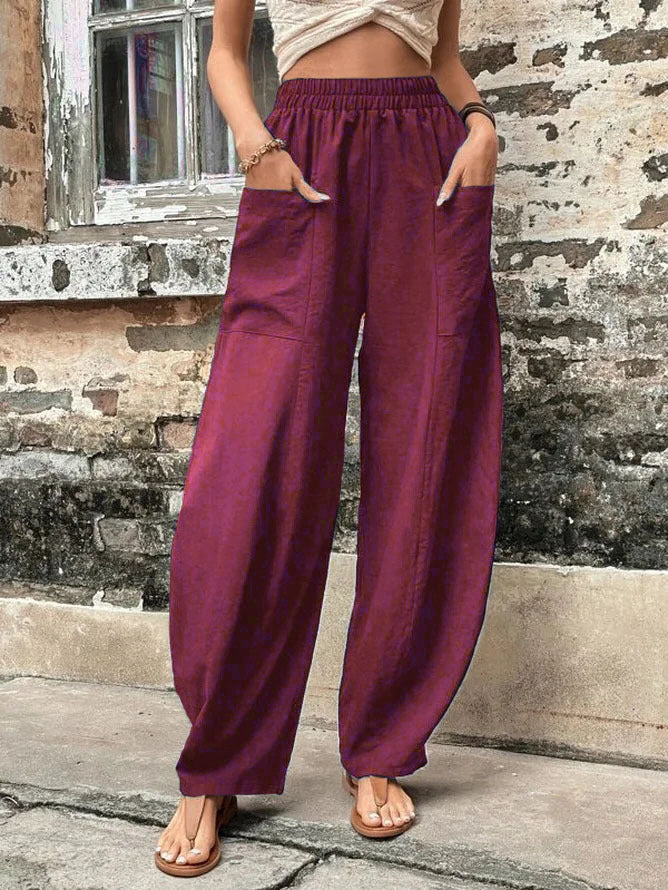 Women Wide Linen Trousers with Elastic Waistband, Patch Pockets and Casual Harem Cut Mune Fashion