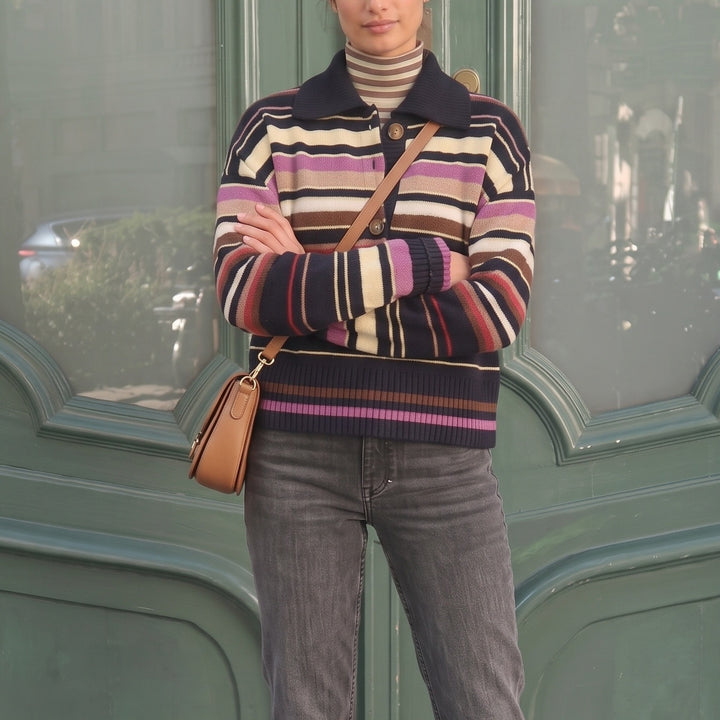Women Striped Knitted Sweater with Polo Collar & Button Placket Mune Fashion