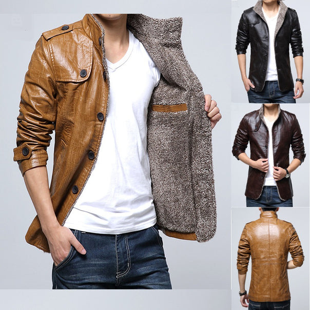Men's medium-long leather look coat with teddy lining, stand-up collar and decorative shoulder flaps Mune Fashion