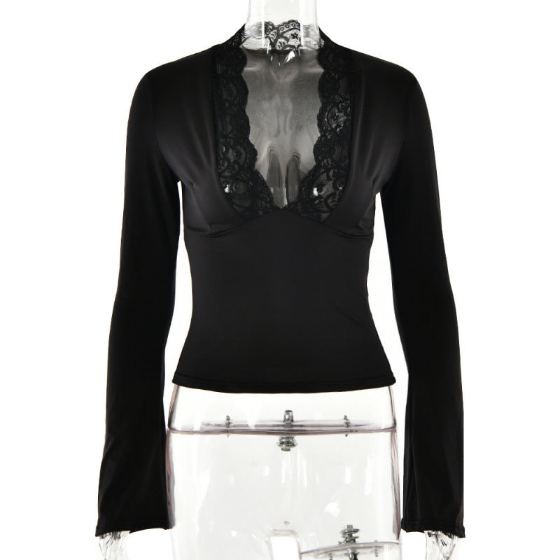 Women's Deep Cut Lace Top with Long Bell Sleeves Mune Fashion