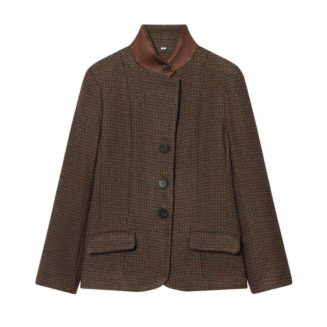 Women Short Tweed Blazer with Standing Collar, Button Placket and Flap Pockets Mune Fashion