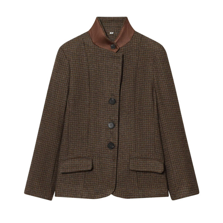 Women Short Tweed Blazer with Standing Collar, Button Placket and Flap Pockets Mune Fashion