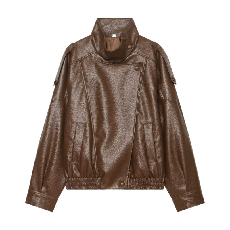 Women Faux Leather Bomber Jacket with High Stand Collar, Asymmetrical Closure and Elastic Hem Mune Fashion