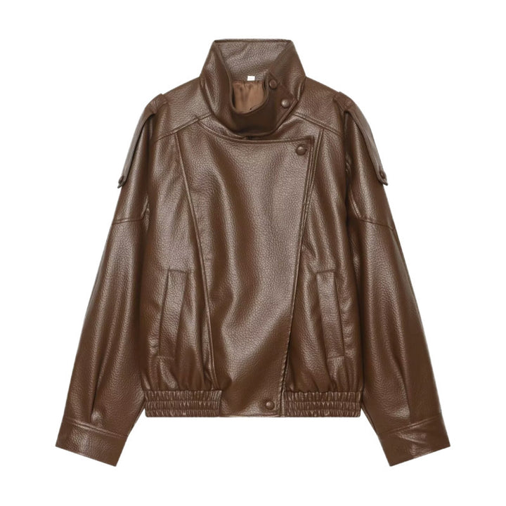 Women Faux Leather Bomber Jacket with High Stand Collar, Asymmetrical Closure and Elastic Hem Mune Fashion