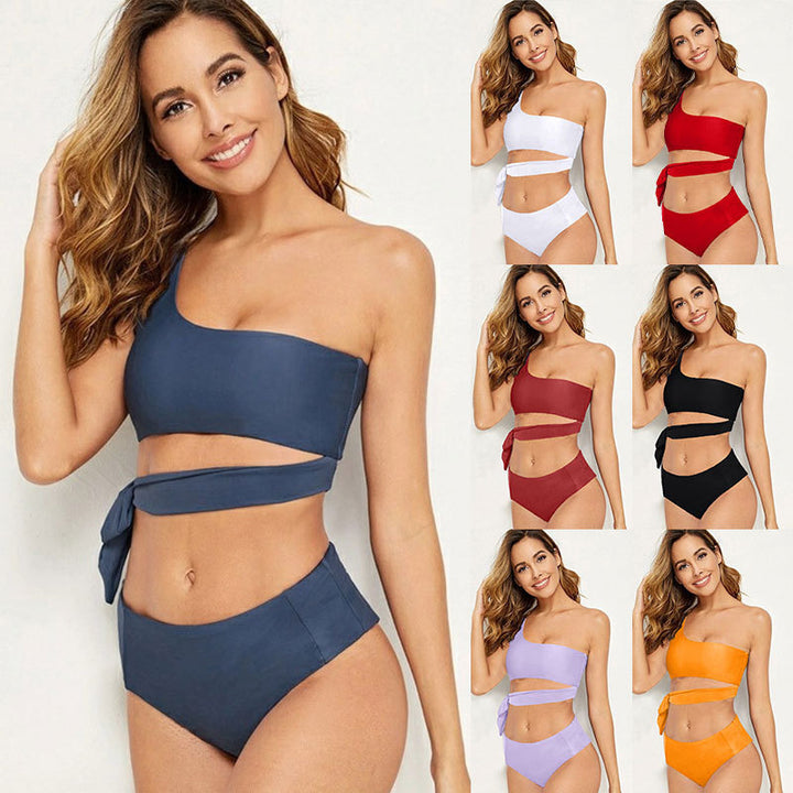Women One-Shoulder Bikini with High Waist and Side Tie Mune Fashion