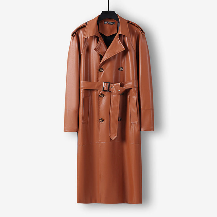 Men's Long Faux Leather Trench Coat with Double Breasted, Belted Waist and Epaulettes Mune Fashion