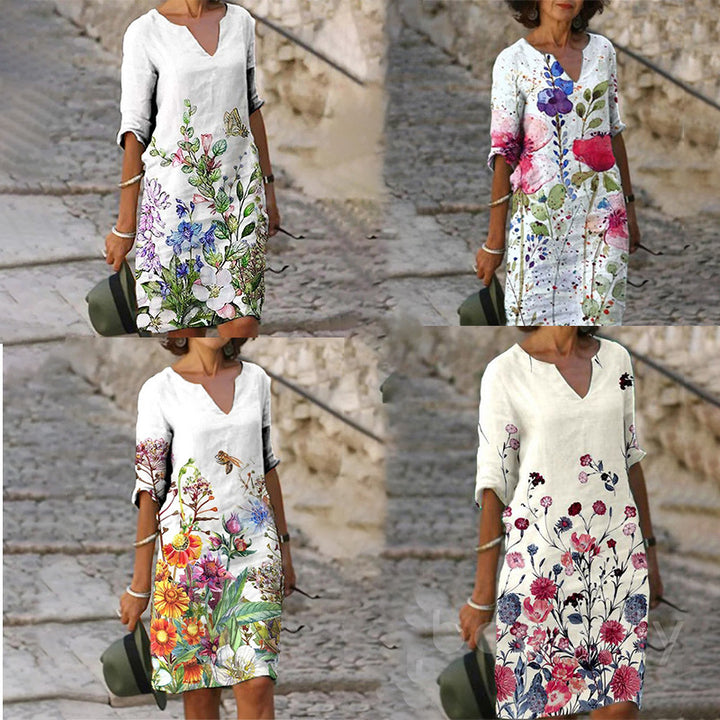 Ladies casual linen dress with V-neck and floral all-over pattern, knee-length with three-quarter sleeves Mune Fashion