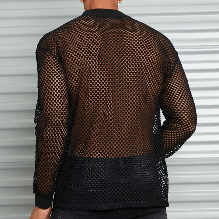 Men's transparent mesh long sleeve shirt with round neck and ribbed cuffs Mune Fashion