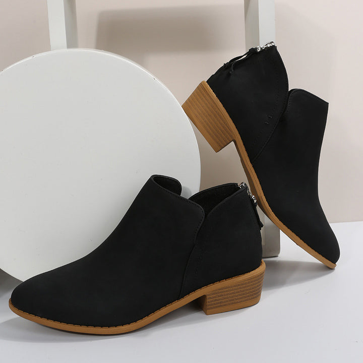 Women's nan lightweight slip-on ankle boots made of faux suede with V-cut design, cushioned comfort insole, and stacked block heel Mune Fashion