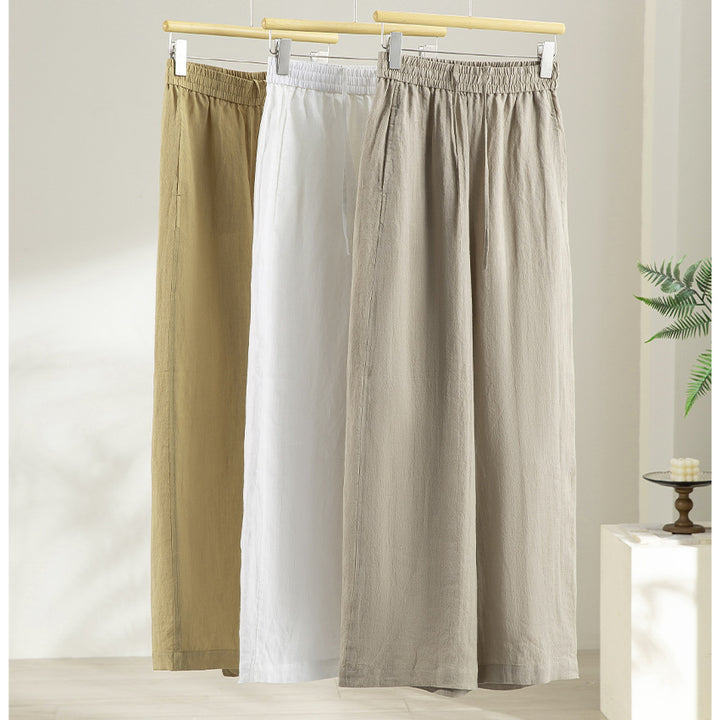 Women's Wide Linen Look Palazzo Pants with Elastic Waistband and Flowing Silhouette Mune Fashion