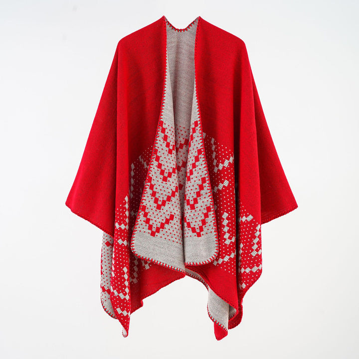 Women's Reversible Knit Poncho with Jacquard Pattern and Decorative Kettle Stitch Mune Fashion