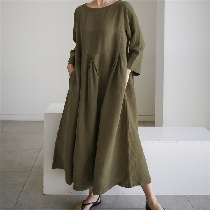 Women’s maxi dress made of linen with partial seam, gentle drape and long sleeves Mune Fashion