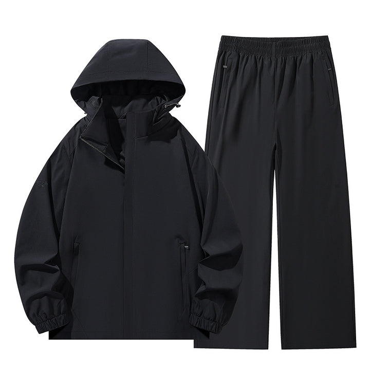 Men's Two-Piece Water-Repellent Outdoor Set with Hooded Softshell Jacket and Relaxed Leisure Pants Mune Fashion