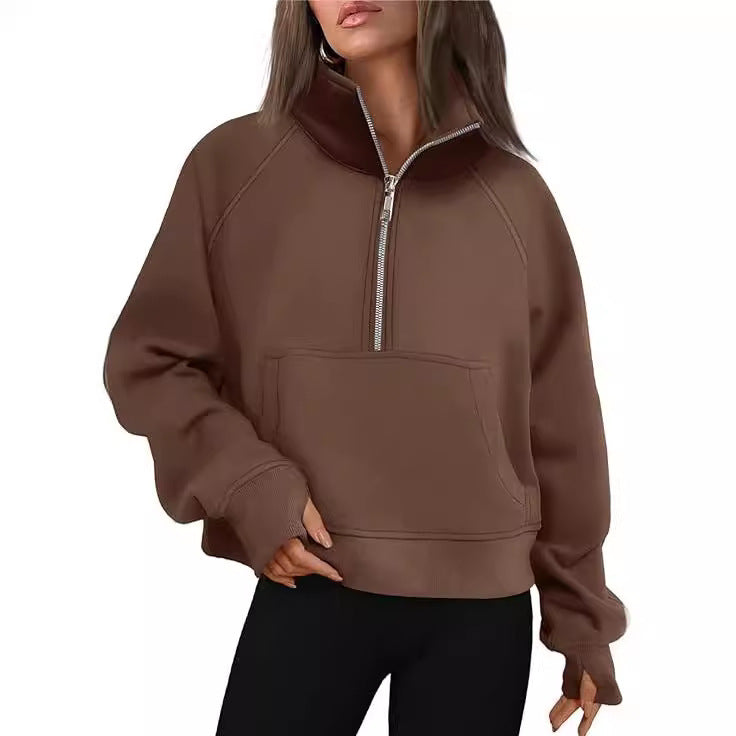 Women's cropped half-zip sweatshirt with high stand-up collar, kangaroo pocket, and drop shoulder Mune Fashion