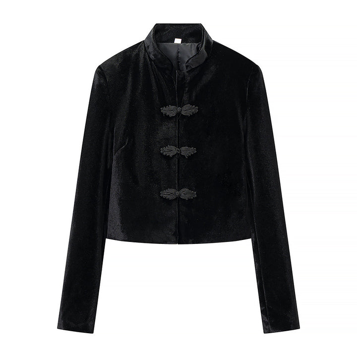 Women's Cropped Jacket in Mandarin Style with Stand Collar and Decorative Knot Closures Mune Fashion