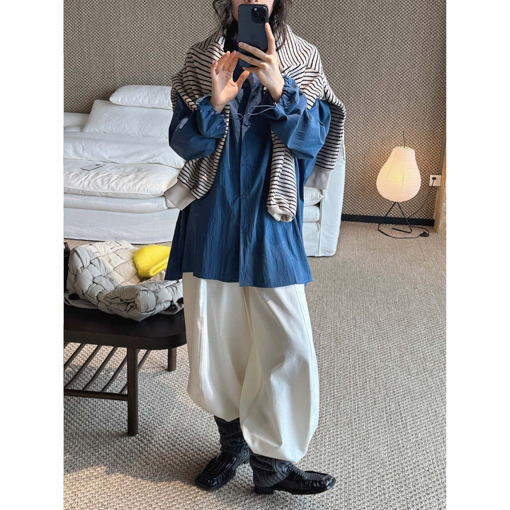Women Oversized Shirt Blouse with Crinkle Look and Elastic Sleeve Cuffs Mune Fashion