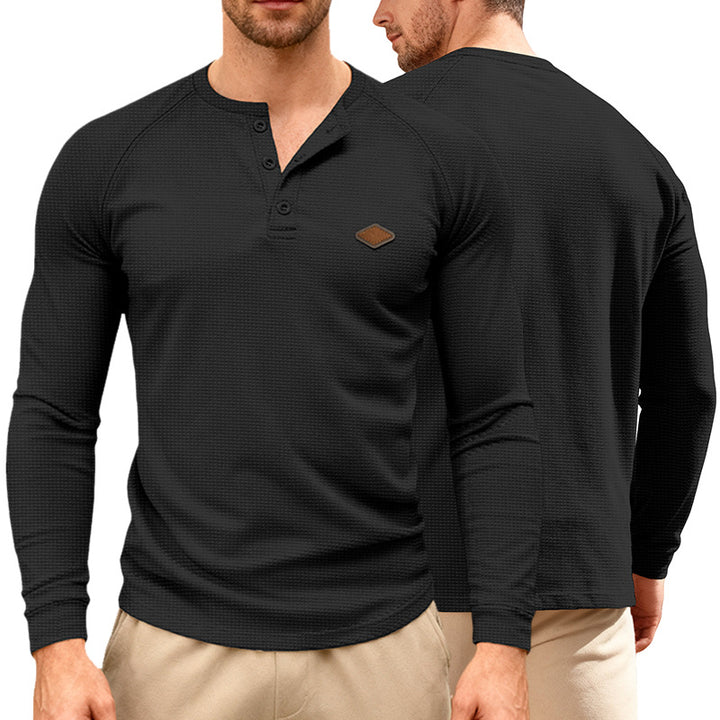 Men's Waffle Knit Henley Long Sleeve Shirt with Raglan Sleeves, Half Button Placket and Leather Label Mune Fashion