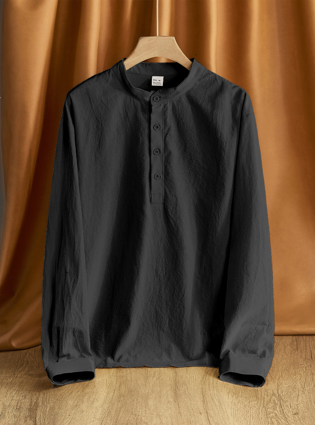 Men's Linen Blend Long Sleeve Henley Shirt with Stand Collar Mune Fashion