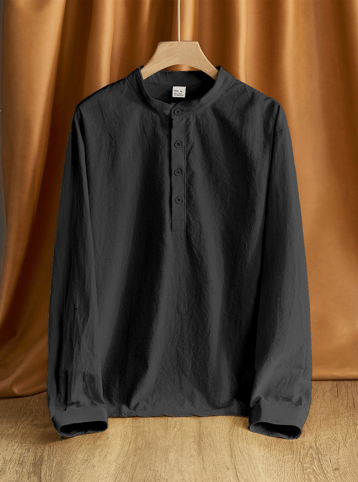 Men's Linen Blend Long Sleeve Henley Shirt with Stand Collar Mune Fashion