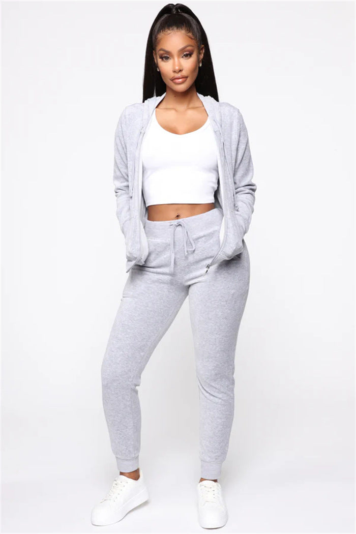 Ladies slim-fitting velour two-piece with hood zip and tailored drawstring jogging pants Mune Fashion