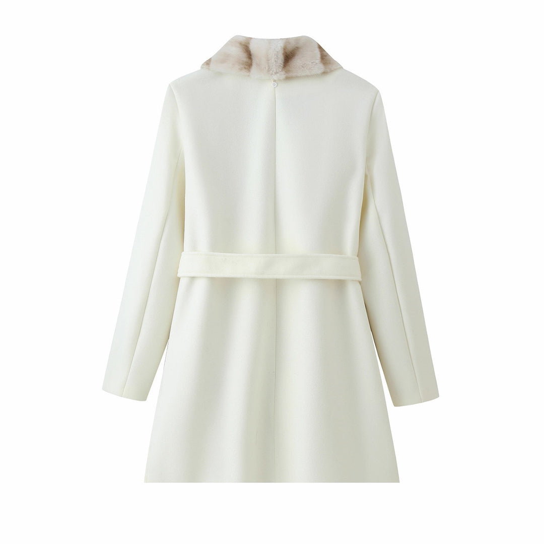 Women's Tailored Wool Blend Coat with Tie Belt and Removable Faux Fur Shawl Collar Mune Fashion