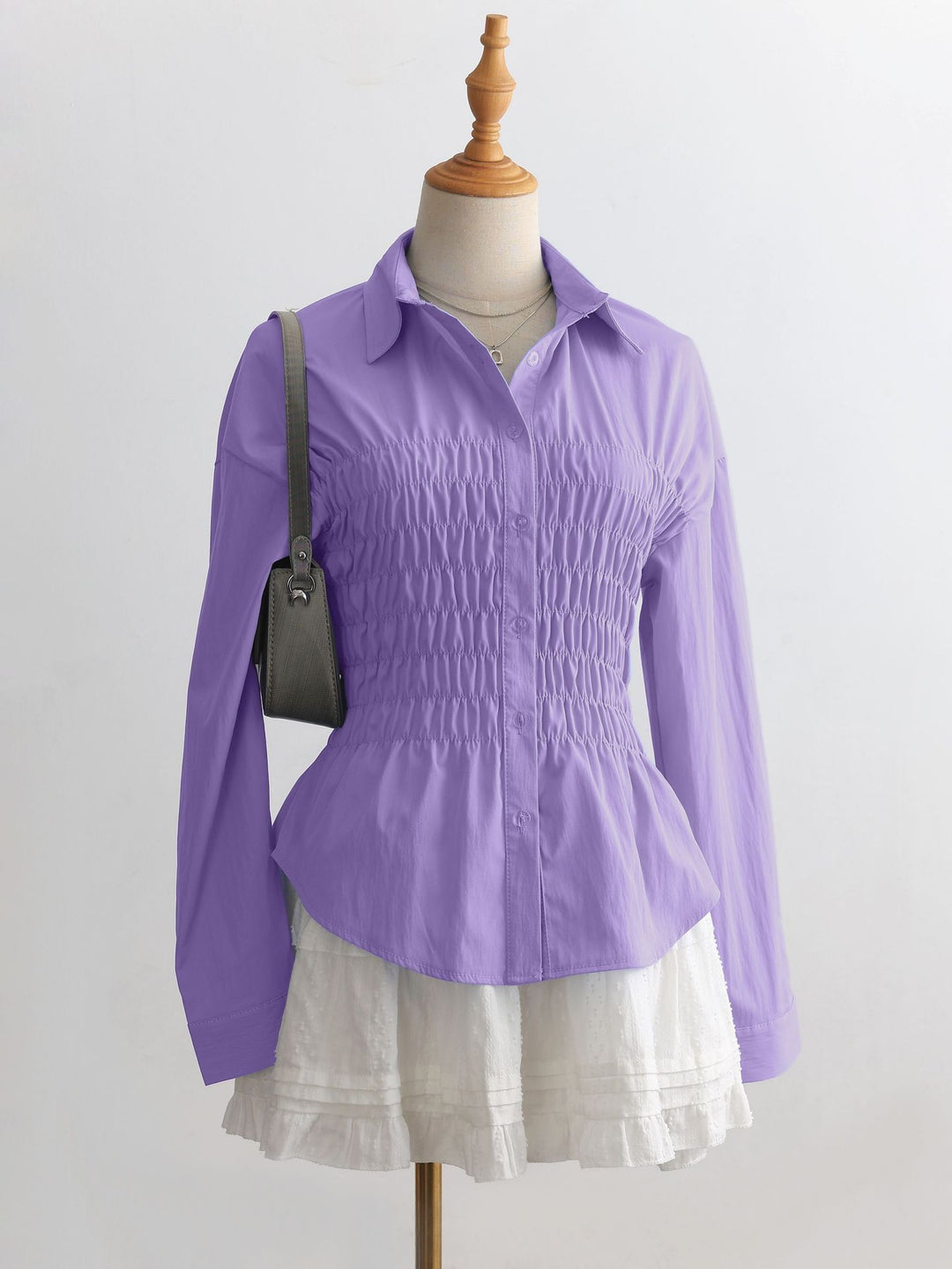 Women's tailored shirt blouse with gathered bust area and peplum Mune Fashion