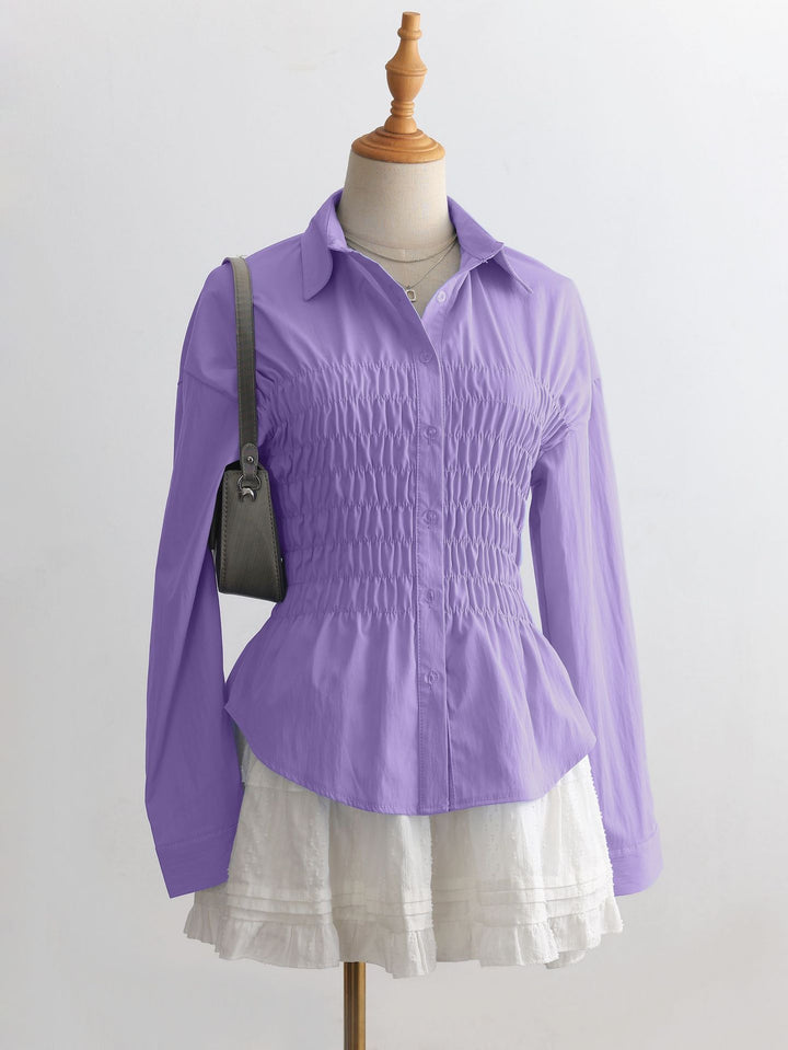 Women's tailored shirt blouse with gathered bust area and peplum Mune Fashion