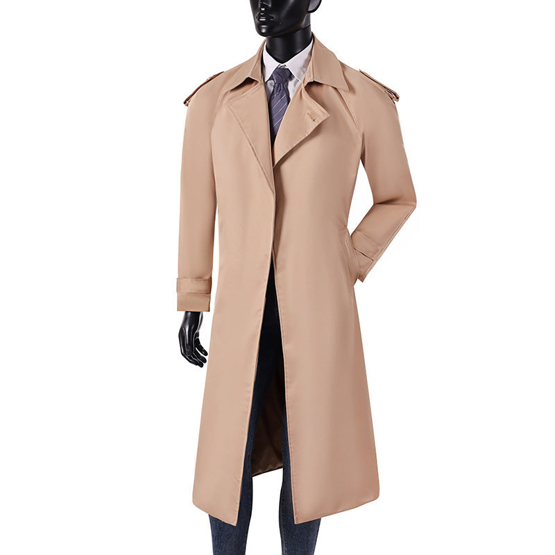 Men's elegant knee- to calf-length trench coat with concealed button placket and shoulder epaulettes Mune Fashion