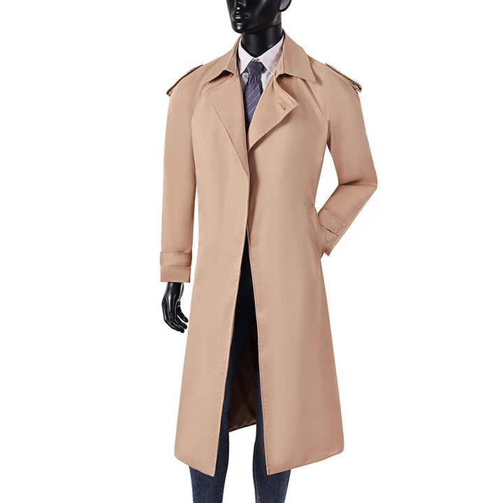 Men's elegant knee- to calf-length trench coat with concealed button placket and shoulder epaulettes Mune Fashion