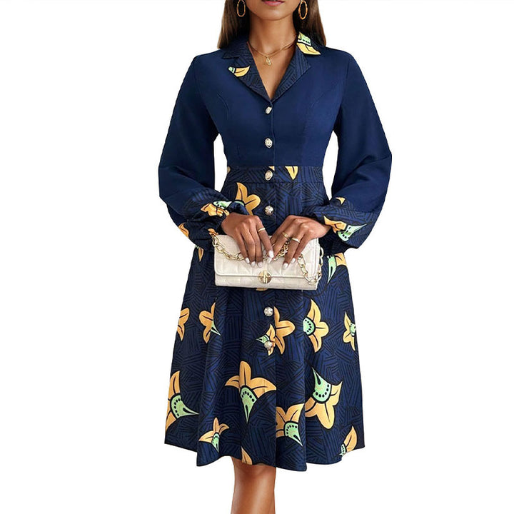 Women Elegant Midi Dress with Floral Pattern and Button Placket Mune Fashion