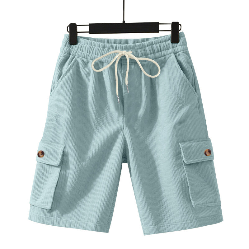Men's cord cargo shorts with elastic drawstring waistband, patch cargo pockets, and soft cotton blend Mune Fashion