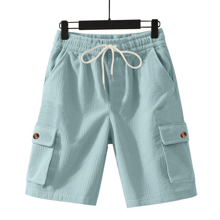 Men's cord cargo shorts with elastic drawstring waistband, patch cargo pockets, and soft cotton blend Mune Fashion