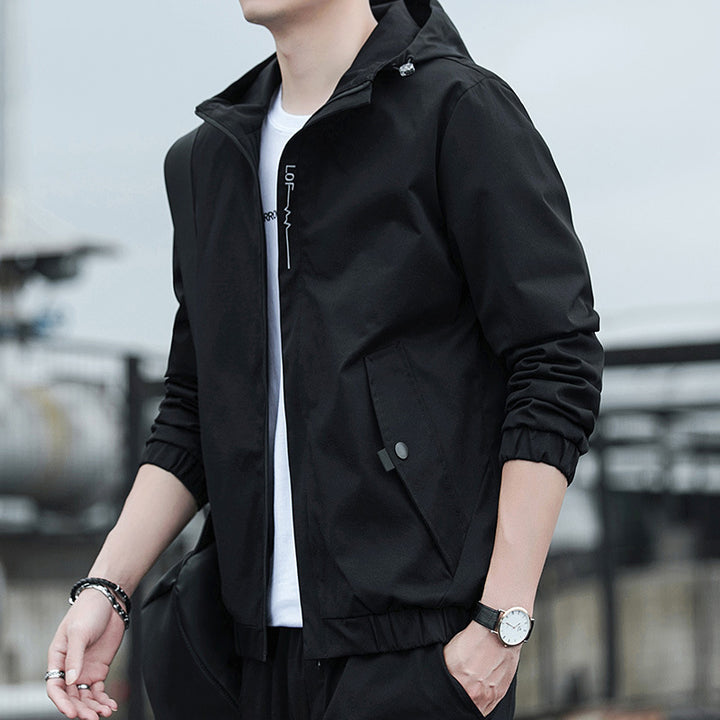 Men's Lightweight Hooded Windbreaker in Urban Minimal Style with Concealed Zipper and Elastic Cuffs.
