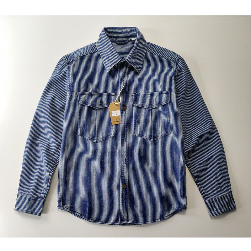 Men's Lightweight Striped Denim Worker Shirt Jacket with Flap Pockets Mune Fashion