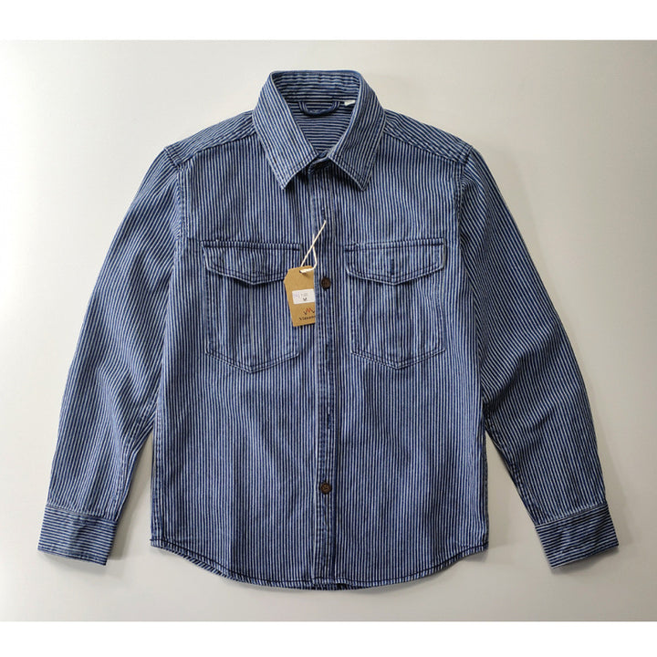 Men's Lightweight Striped Denim Worker Shirt Jacket with Flap Pockets Mune Fashion